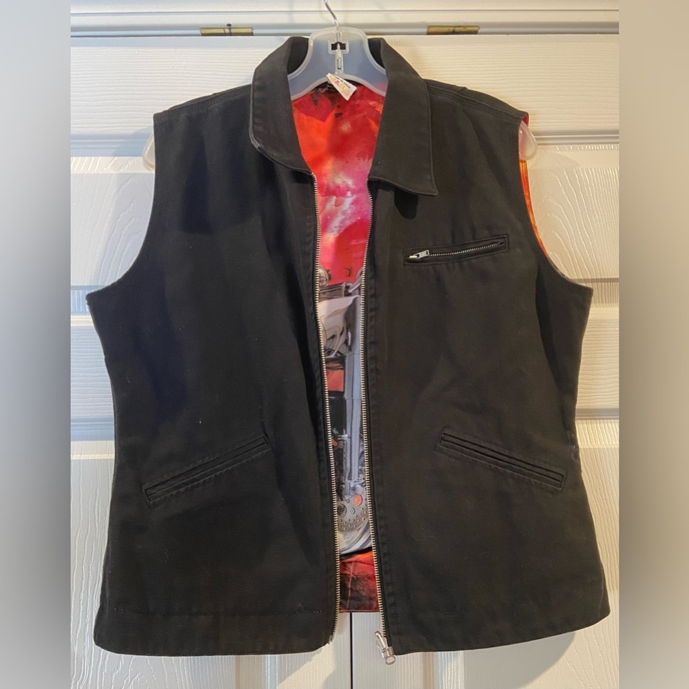 Ethyl Women’s Canvas vest Medium Black With Motorcycle Print Inside  - Vintage